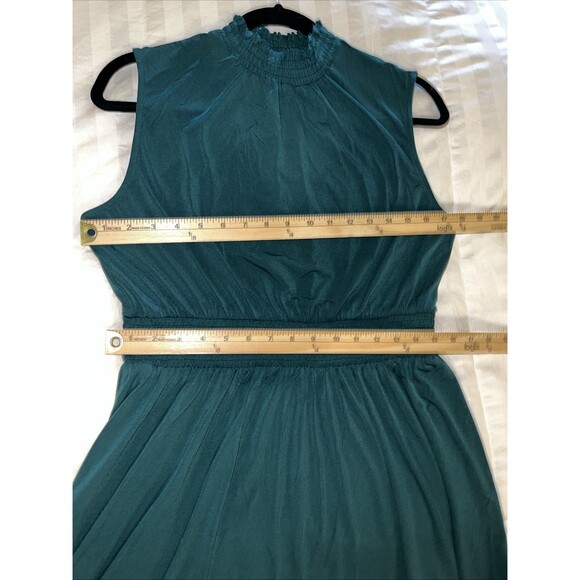 ModCloth Green Midi Dress Large Fit Flare Stretch Cinch Waist Pleated Sleevless - Picture 8 of 11